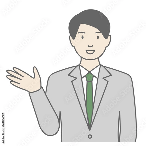 Fototapeta スーツを着た男性が「こちらです」と案内しているイラスト