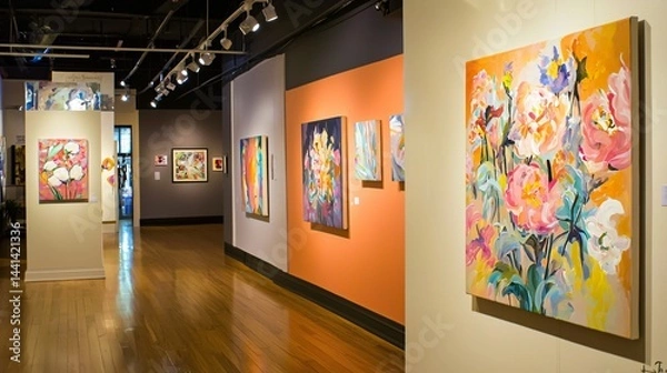 Fototapeta A room adorned with colorful paintings on the walls featuring an abstract installation that creates a vibrant and engaging artistic atmosphere