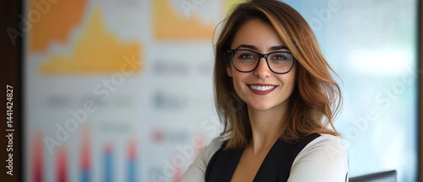 Obraz A confident woman in glasses poses in front of a colorful graph display, embodying success in the modern workplace.