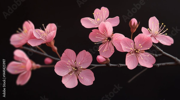 Fototapeta Pink cherry blossoms in full bloom on dark background create striking contrast, highlighting their delicate petals and vibrant color. image captures essence of spring and renewal
