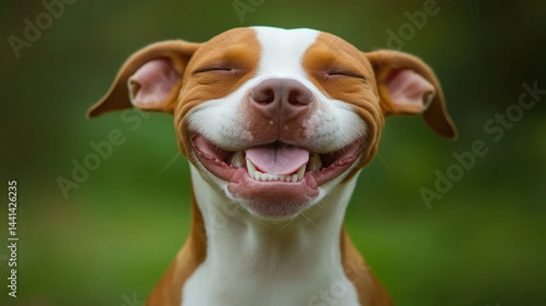 Fototapeta A smiling brown and white Pit Bull Terrier exudes happiness in a serene portrait. Pure joy and warmth captured in a moment.