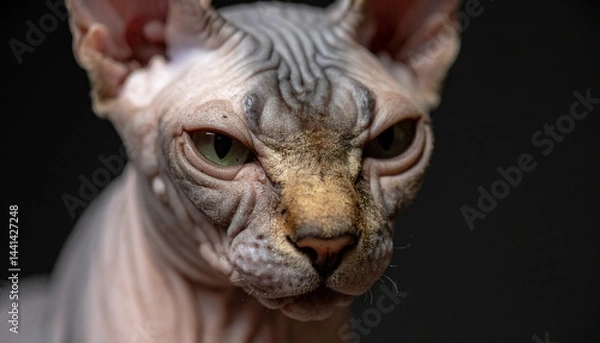 Fototapeta 滑らかな肌とシャープな顔立ちを持つスフィンクス猫、黒のマット背景で静かに佇むエレガントな瞬間

