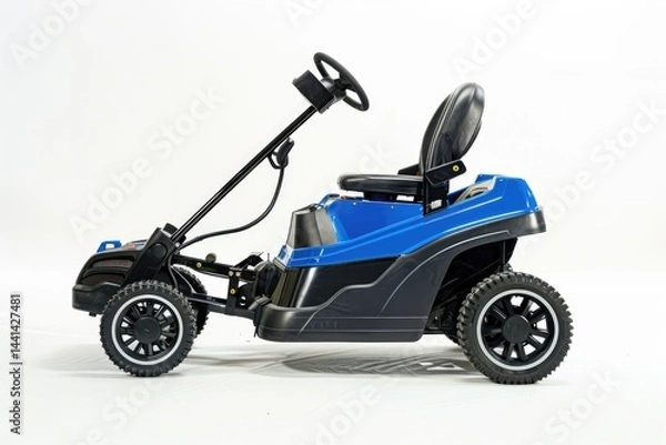 Fototapeta A blue go-kart designed for recreational use, featuring a steering wheel and comfortable seat. on white background