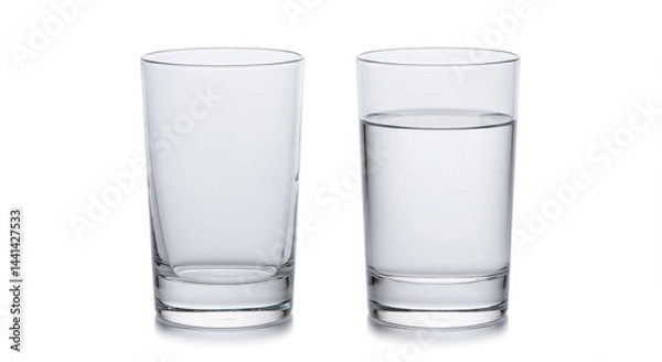 Fototapeta Two clear glasses on a white background one empty and the other filled with water in a simple setting