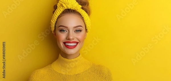 Fototapeta A smiling woman in a vibrant yellow outfit and headband stands against a matching yellow background, exuding joy and positivity.