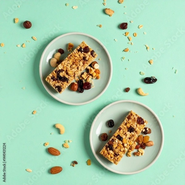 Obraz グルテンフリーのグラノーラバーが小さな皿に盛られ、ドライフルーツとナッツが散りばめられた美味しい一品、ミントグリーン背景でシンプルに引き立つ

