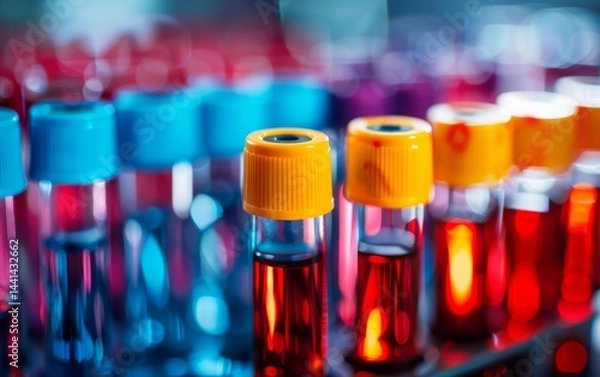 Fototapeta A colorful array of laboratory test tubes filled with various liquids, showcasing vibrant hues and distinct caps, symbolizing scientific research and analysis.