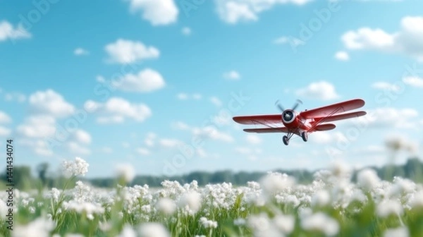 Fototapeta Vintage red biplane soaring above a field of white flowers under a vibrant blue sky