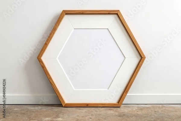 Fototapeta A wooden hexagon frame with a white center rests against a plain white wall and carpeted floor.