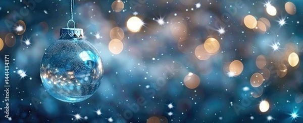 Fototapeta Transparent Christmas ornament hanging with sparkling blue and warm golden lights creating a festive and magical winter atmosphere