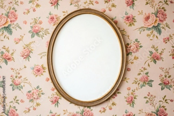 Fototapeta An empty oval mirror with a gold frame hangs on a pink floral wallpapered wall, creating a vintage and elegant atmosphere.