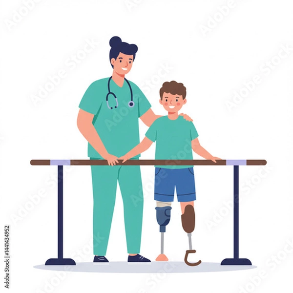 Fototapeta Cartoon Illustration of Child Rehabilitation with Physical Therapy Support – Inclusive Healthcare Concept