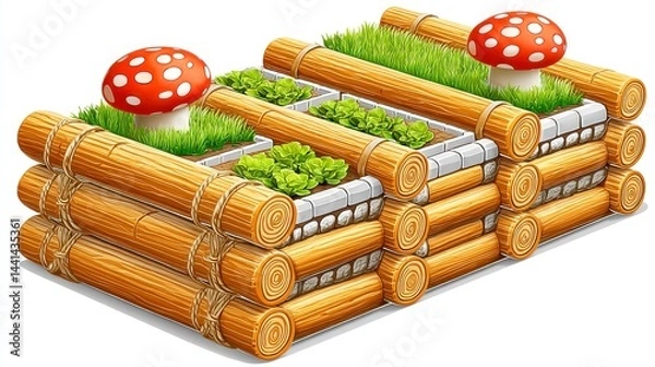Fototapeta Rustic Log Garden Beds with Greenery and Toadstools