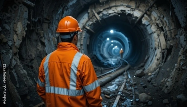 Fototapeta Construction worker inside a large tunnel under development.