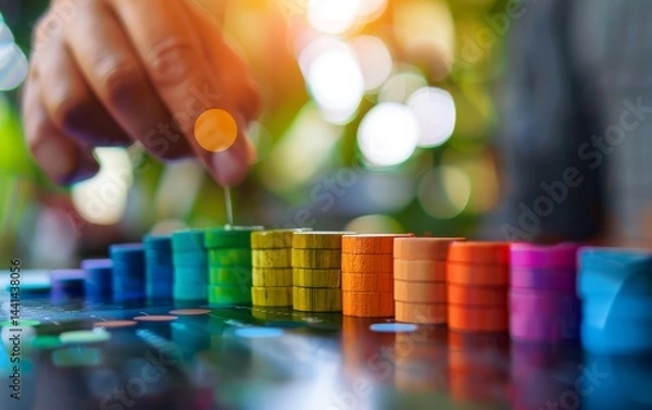 Fototapeta A hand is stacking colorful tokens, symbolizing strategy and investment in a vibrant, blurred environment.