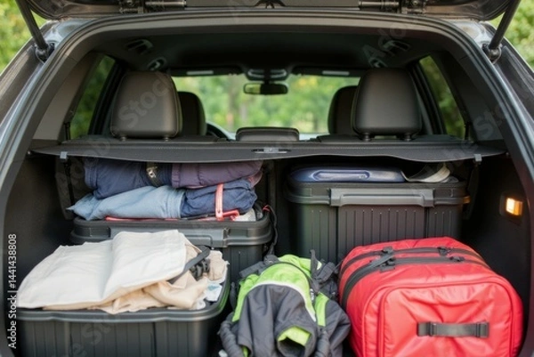Fototapeta Packed vehicle trunk ready for a journey.