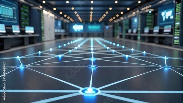 Obraz A high-tech control room featuring illuminated network connections and multiple digital screens, symbolizing advanced technology and data management.