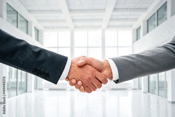 Fototapeta Two businesspeople in suits shaking hands in a bright, modern office, symbolizing agreement, partnership, or successful negotiation.
