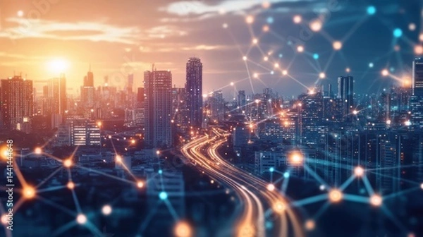 Obraz Smart city sunset highway network connection