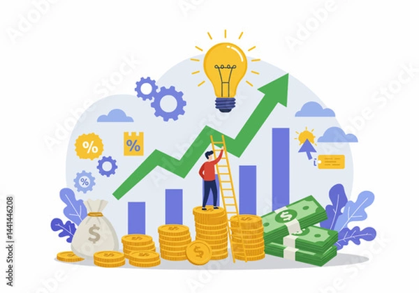 Fototapeta Flat vector illustration showing a businessman standing confidently atop a rising chart graph, symbolizing success and growth. The design includes elements like coins, a lightbulb representing ideas