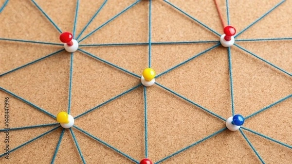Fototapeta Colorful push pins and blue string form an interconnected network on a corkboard, symbolizing connections, communication, and organization.