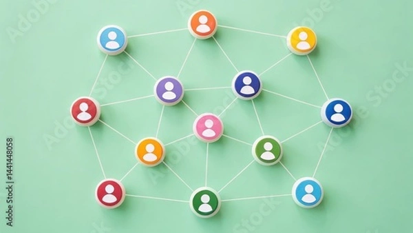 Fototapeta A network of colorful user icons connected by white lines on a green background, representing social or professional connections.