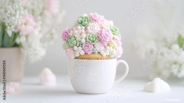 Fototapeta Flower Cupcake in Mug Delicate Pastel Style Soft Focus Lighting Close Up Shot Intricate Frosting Design Springtime Treat Soft Pink Hues Bakery Product Photography