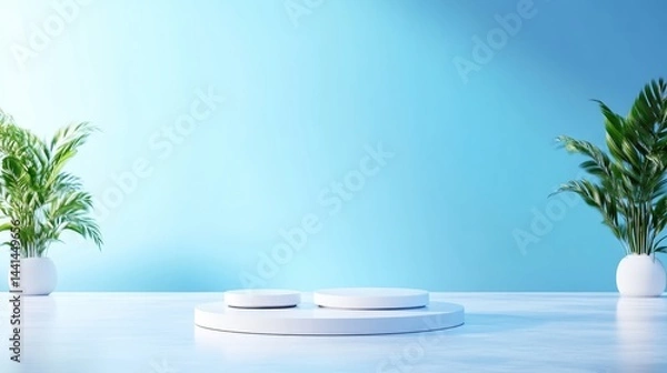 Fototapeta Minimalist product display with white podiums and plants