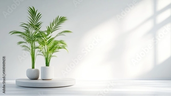 Fototapeta Modern minimalist interior with vibrant plants. Two potted palm trees sit on a circular white stand in a bright, clean room. Sunlight streams in, casting soft shadows on the white wall