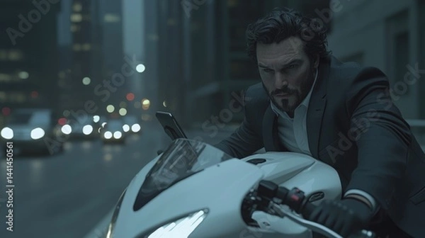 Fototapeta Urban biker in a suit.  Focus on a man in a dark suit riding a motorcycle in a city at night.  He appears serious and engaged in the moment