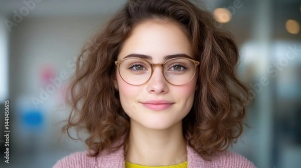 Fototapeta A young professional woman with glasses smiling confidently in a modern office setting, natural light illuminating her face, and business portrait concept.