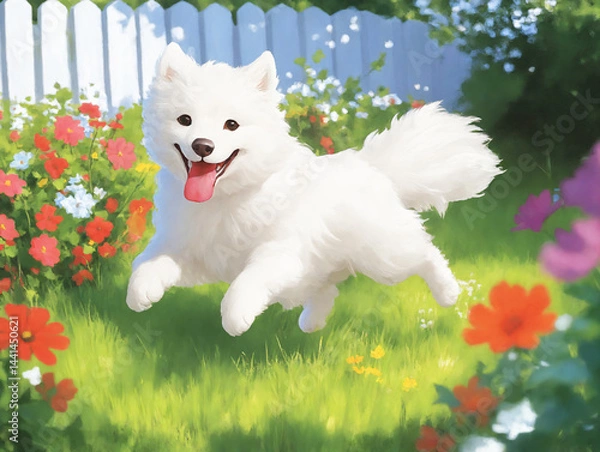 Fototapeta Happy dog playing in a colorful garden  