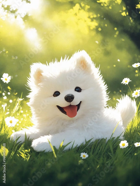 Fototapeta Happy white dog enjoying a sunny day in a flower-filled meadow  
