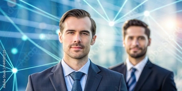 Fototapeta Two confident businessmen in suits stand in front of a digital network background, representing modern business and technology.