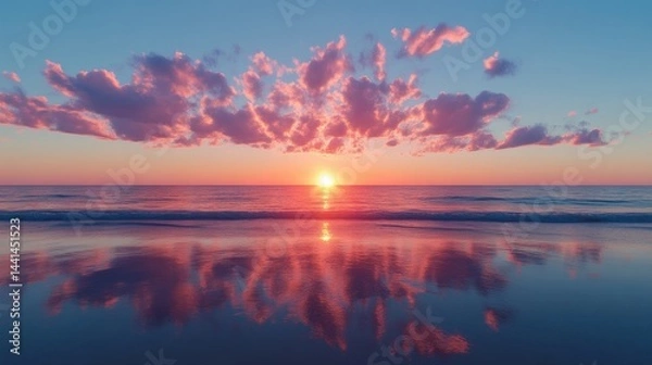 Fototapeta Stunning sunset over tranquil beach.  Soft pink clouds reflect in the calm water