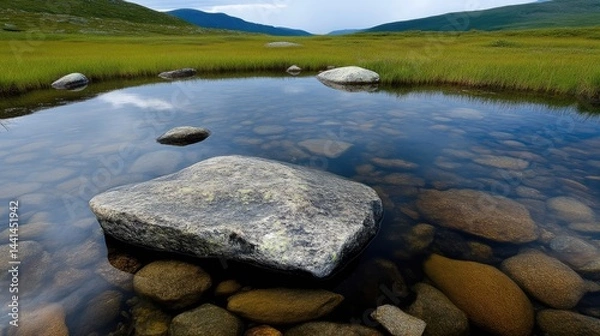 Fototapeta Tranquil mountain pool reflecting sky.  Crystal clear water surrounds a large rock, nestled among smaller stones.  The tranquil scene is set in a grassy, mountainous area