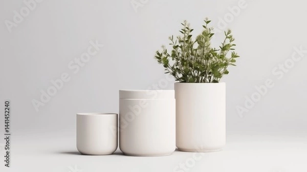 Fototapeta Ceramic Containers Small Plant Minimalist Style Bright Soft Lighting Centered Close-up Arrangement Simple Shapes Display Neutral Background Calm Serene Mood Home Decor Branding