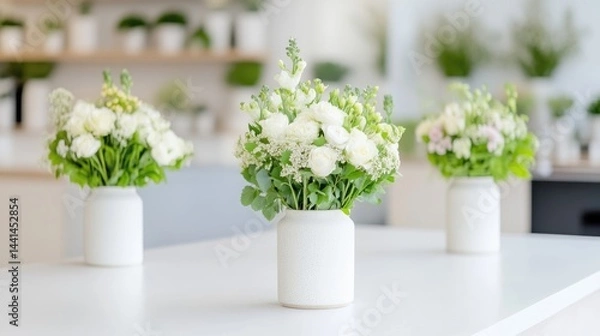 Fototapeta Three white vases filled with fresh green and white flowers arranged on a clean white table, soft focus background, and elegant floral composition.