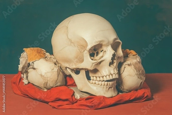 Fototapeta Still life of a human skull and smaller skulls on a red cloth