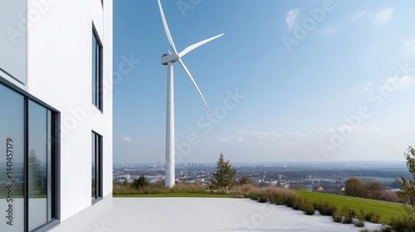 Fototapeta Modern, eco-friendly house with a wind turbine overlooking city.  Exterior view of a contemporary home featuring a large window,  a wind turbine, and a terrace.