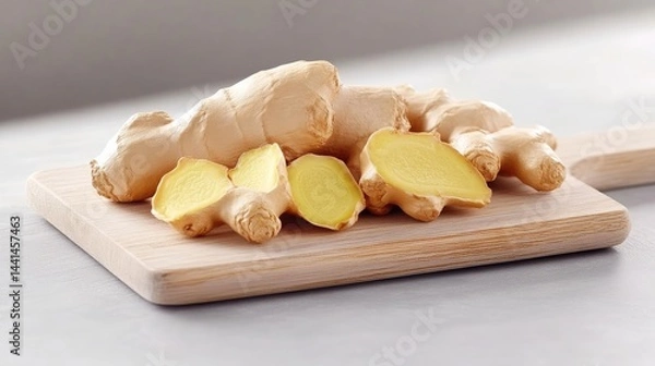 Fototapeta Fresh ginger root on a wooden cutting board.  Sliced ginger pieces