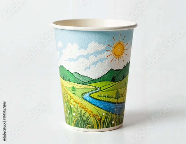 Obraz Colorful coffee cup with a scenic nature illustration featuring fields and a river