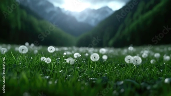 Fototapeta Tranquil meadow with dandelions, mountains, and lush greenery