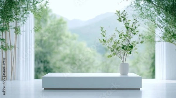 Fototapeta Modern, minimalist, serene space with lush greenery and mountain view.  A simple white platform sits before a large window