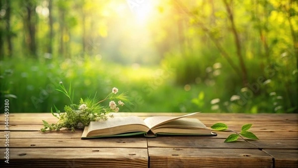 Fototapeta Serene Springtime Open Book Resting on Wooden Tabletop Amidst Lush Greenery and Sunlight