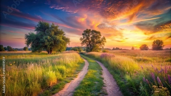 Fototapeta Serene Sunset Vista A Country Road Winds Through Lush Meadows Bathed in the Golden Hues of a Vibrant Evening Sky