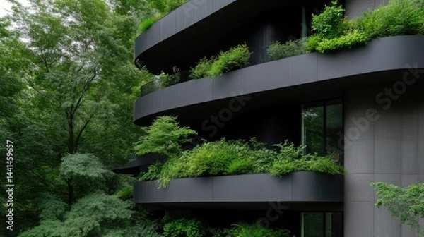 Fototapeta Modern, sustainable apartment building with green balconies. Lush landscaping surrounding the curved structure