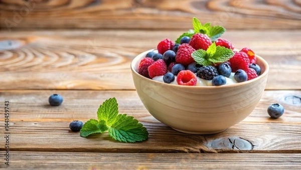 Fototapeta A delightful bowl of creamy yogurt topped with a vibrant mix of fresh raspberries, blueberries, and blackberries, garnished with fragrant mint leaves, all resting on a rustic wooden surface.