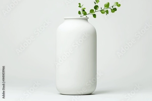 Fototapeta Modern, minimalist vase with fresh greenery.  A simple, clean-lined, off-white cylinder vase holds a sprig of vibrant, fresh leaves against a plain white backdrop.  The focus is on the smooth,