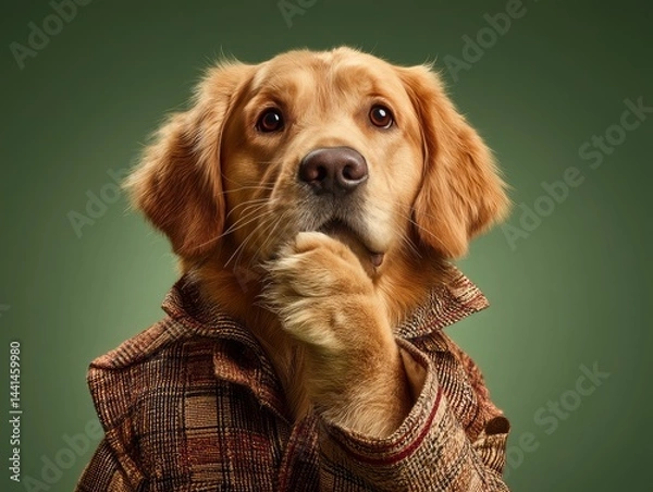 Fototapeta Golden retriever in detective vest, paw near snout in a nose tap gesture, isolated grass green background